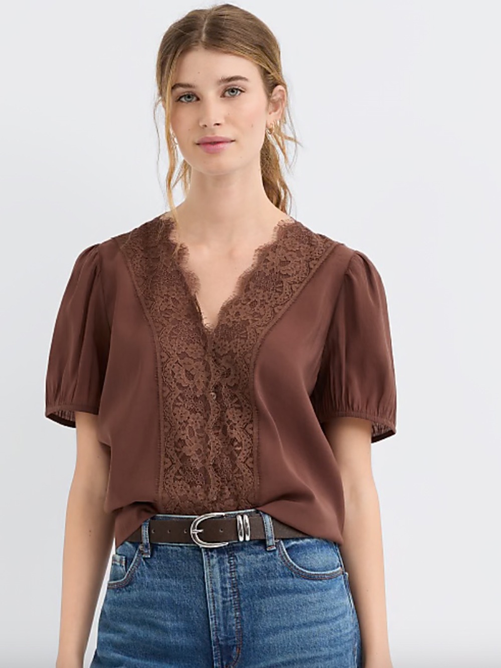 NWT🌷LOFT Brown Floral Lace Trim Button Blouse